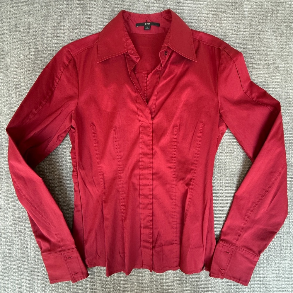 BOSS Hugo Boss Shirt Top Womens 2 Red Long Sleeve Formal Office Career Button Up
